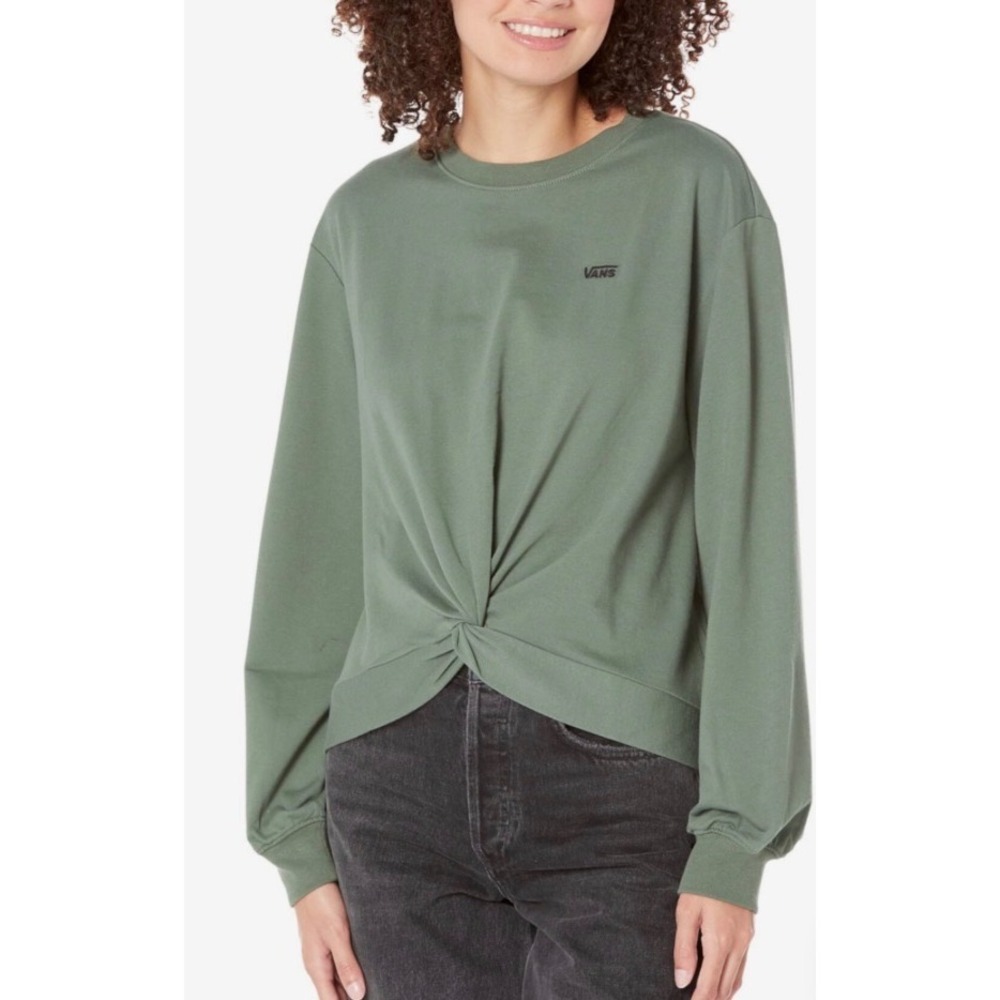 Vans Womens Twist Front Long Sleeve Sweatshirt Sage Green Embroidered Logo Small
